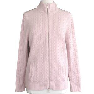 RALPH LAUREN 100% CASHMERE Pale Pink Gold Zip Logo Cable Knit Turtleneck Sweater